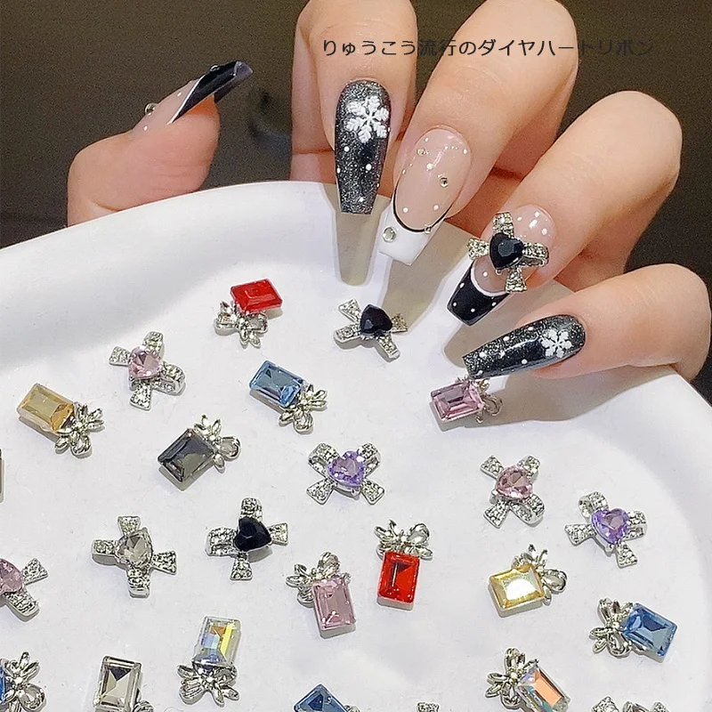 

TSZS 10pcs/lot 3D Gift Bowknot Square Rhinestone Shiny Manicure Charm Alloy Metal Nails Charms DIY Nail Art Decorations