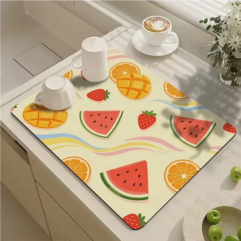 Drying Mat Lemon Leaf Fruit Print Tableware Drain Pad for Kitchen Countertop Table Decor