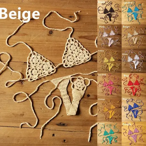 Crochet Bikini Set G-String Lace Up Thong Beach Swimwear Sexy Swimsuit Bra Set For Summer Swimming Party Holiday