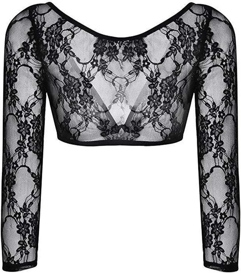 S~3XL Women\'s Lace Floral Sleevey See Through Under Blouse Shrug Crop Top Three-Quarter Sleeve Black/White