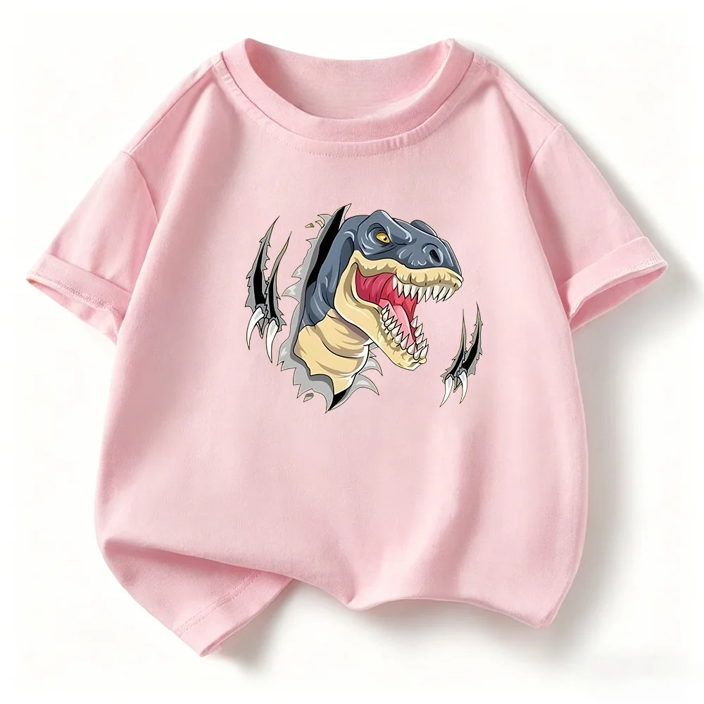 Round Neck Children's T-shirt Loose Comfortable Soft Skin Friendly Lightweight Fashionable Versatile Fun Dinosaur Print Top