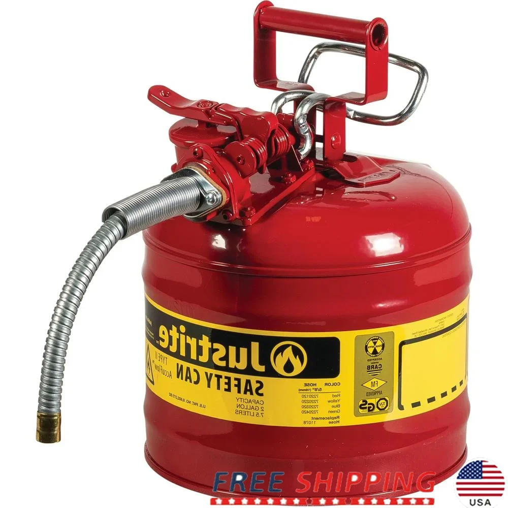 Safety Gas Can Flame Arrester Self-Closing Lid Metal Spout 2 Gallon USA Made