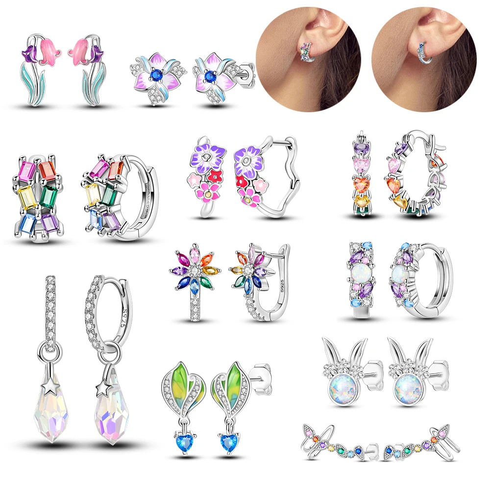 

Exquisite 925 Sterling Silver Colored Gemstones Flower Droplets Animal Spring and Summer Earrings Boutique Seasonal Gifts