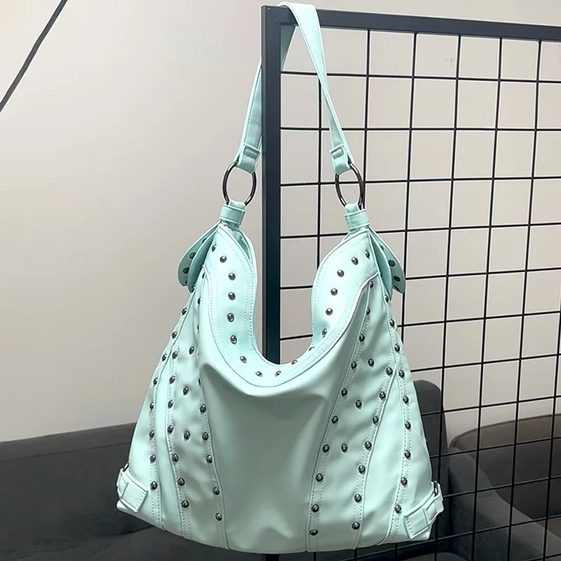 

Stylish Mint Green Shoulder Bag Studded Large Capacity Tote Bag Zippered Top Handle Handbag Women's Retro Motorcycle Bag