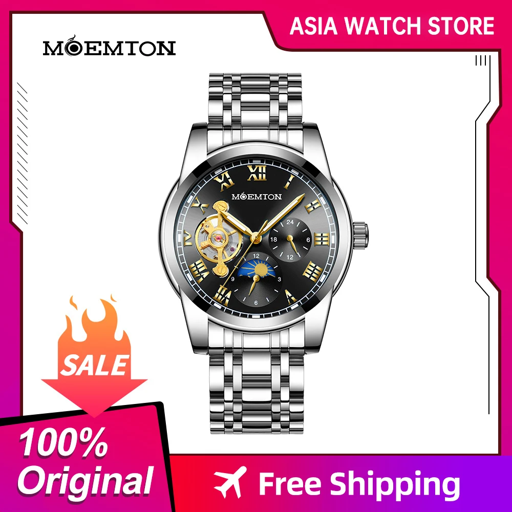 

MOEMTON Men's mechanical watch waterproof fashion multi-functional watch steel band M142.BSSA02