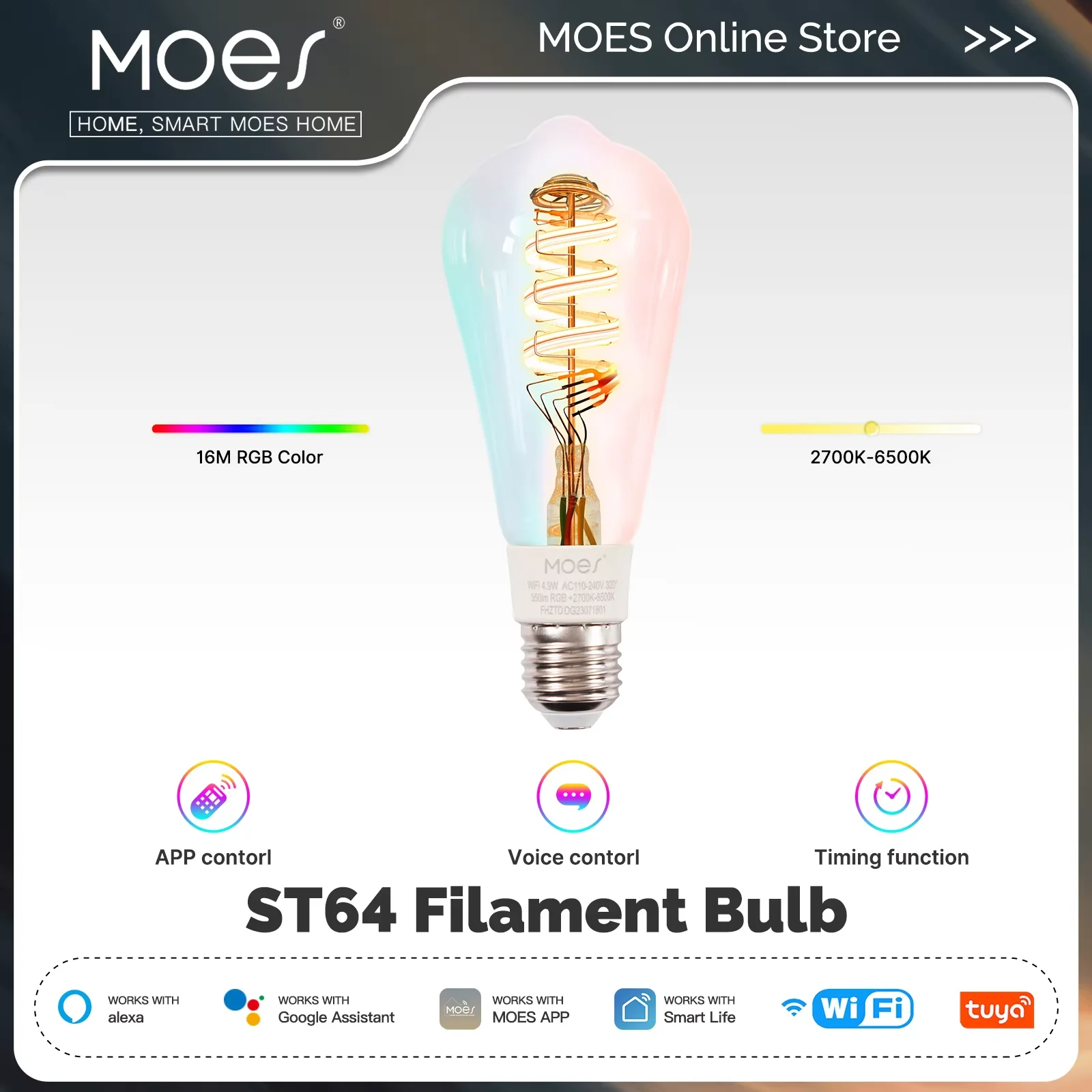MOES Tuya WiFi Smart ST64 Edison Żarówki LED 16 milionów RGB Zmiana koloru 2700K-6500K Możliwość przyciemniania Praca z Alexa/Google Home
