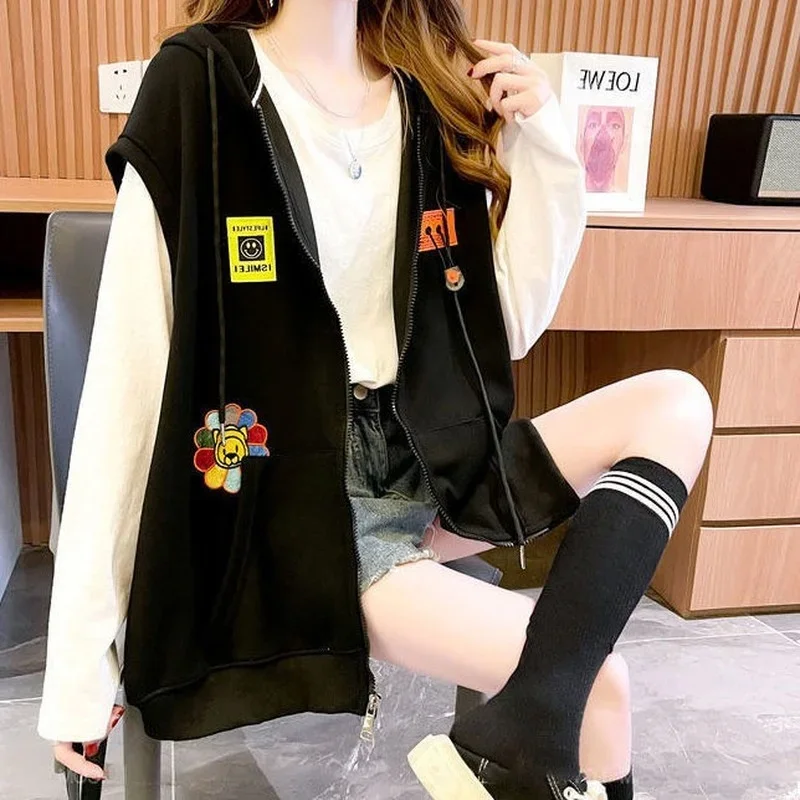 Cotton Hooded Sweatshirt Vest Women\'s Sleeveless Top Coat Retro Leisure Korean Fashion Harajuku Style Plus Size Loose Cardigan