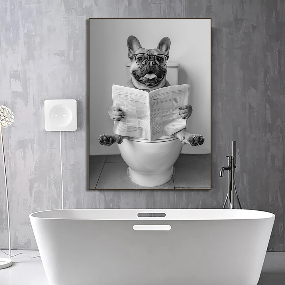 French Bulldog Sitting on Toilet Poster Corgi in Bathtub Canvas Painting Wall Art Black and White Print Bathroom Wall Decor