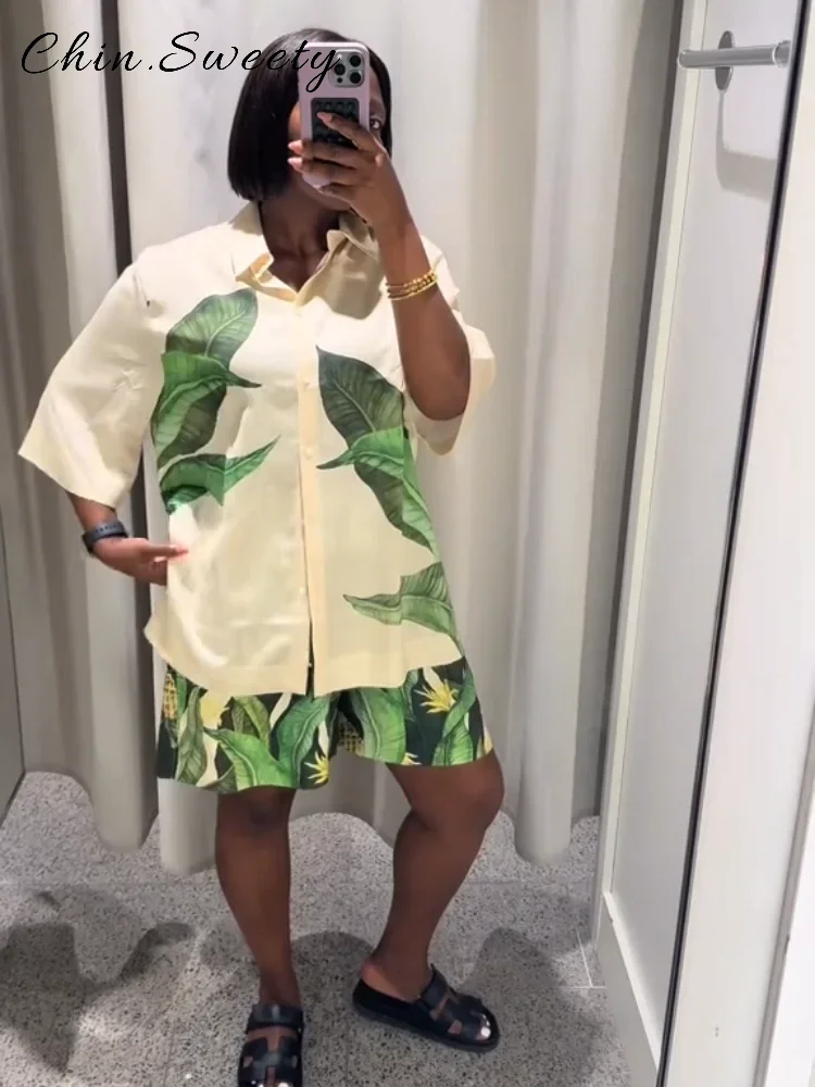 Chic Printed Shirts Shorts Sets Women Loose Lapel Half Sleeve Single Breasted Short Pants 2025 Summer Lady Beach Vacation Suits