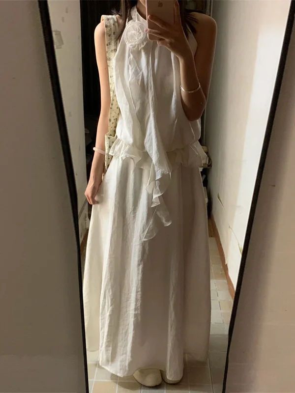 

Потрясающий летний комплект-новинка 2025: белое платье с вырезом-халтер, элегантное, модное, из полиэстера, приталенное, для повседневной носки