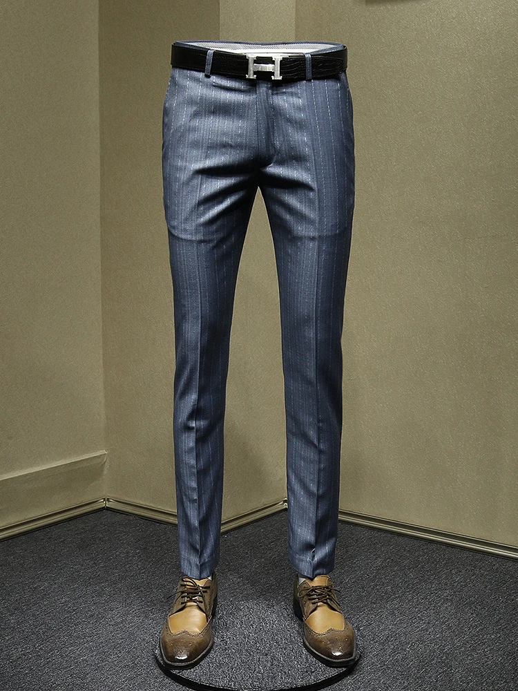 بدلات رجالية بنطلون زفاف العريس وحفلات عيد الميلاد والأعمال ملابس يومية بقصة ضيقة موضة الترفيه بنطلون رفيع أزرق مخطط