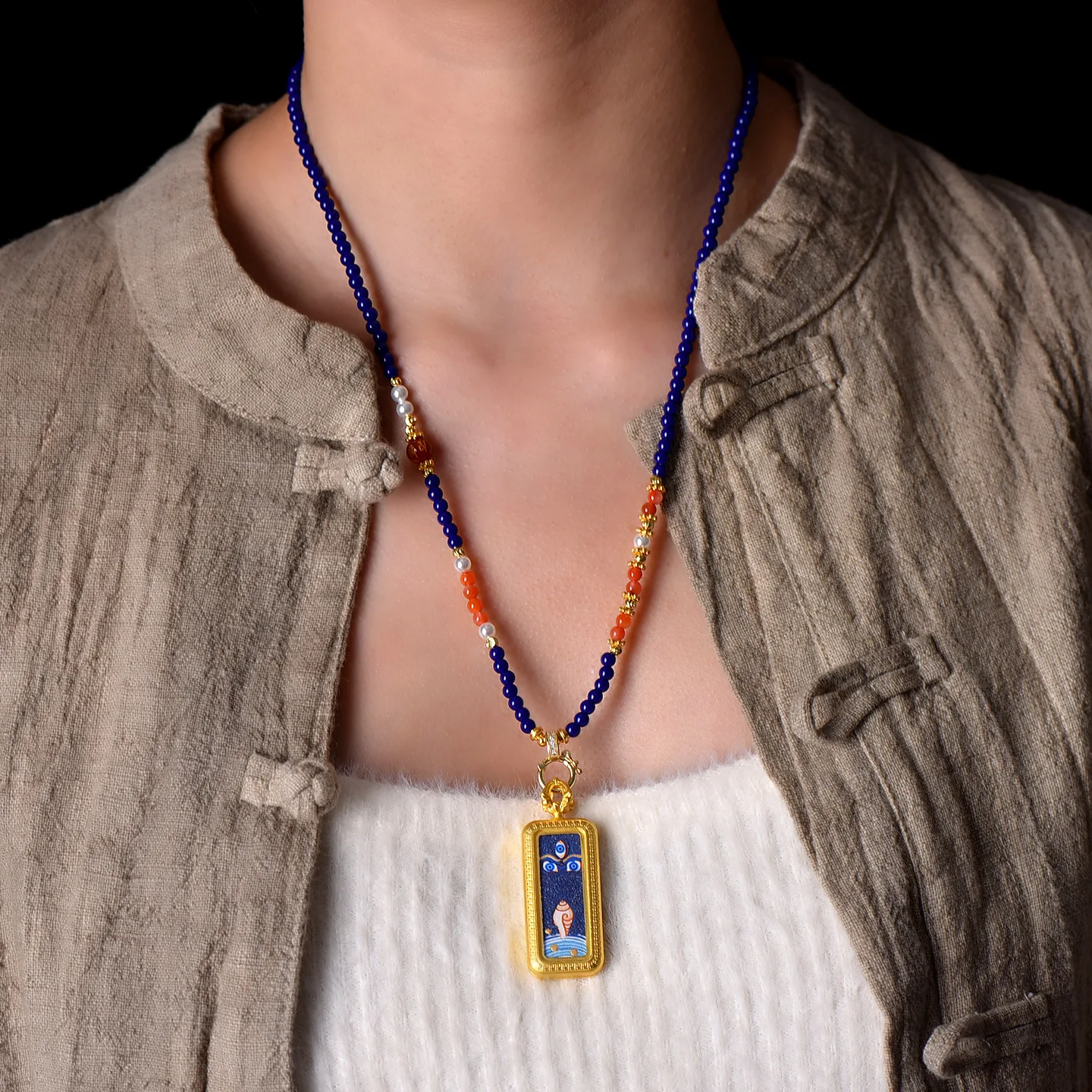 Chinese Style Tibetan Hand Painted Thangka Pendant Necklace Lucky Blessing Fortune Attracting Beaded Chain Ethnic Spiritual Jewe
