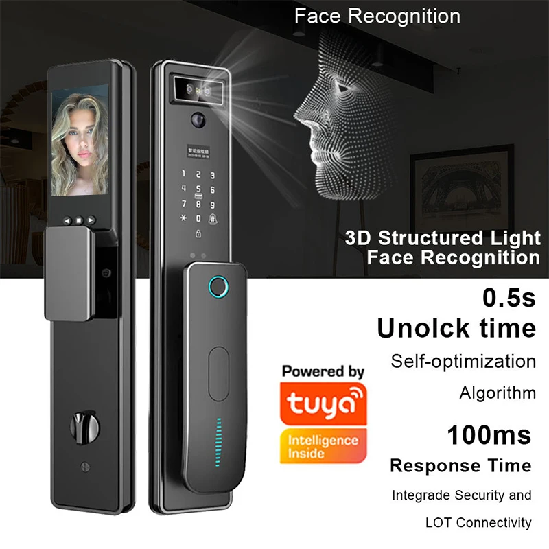 Tuya Wifi Smart Door Lock 3D Face Recognition Electronic Automation Smart Lock With Password IC Card Key Unlock Way