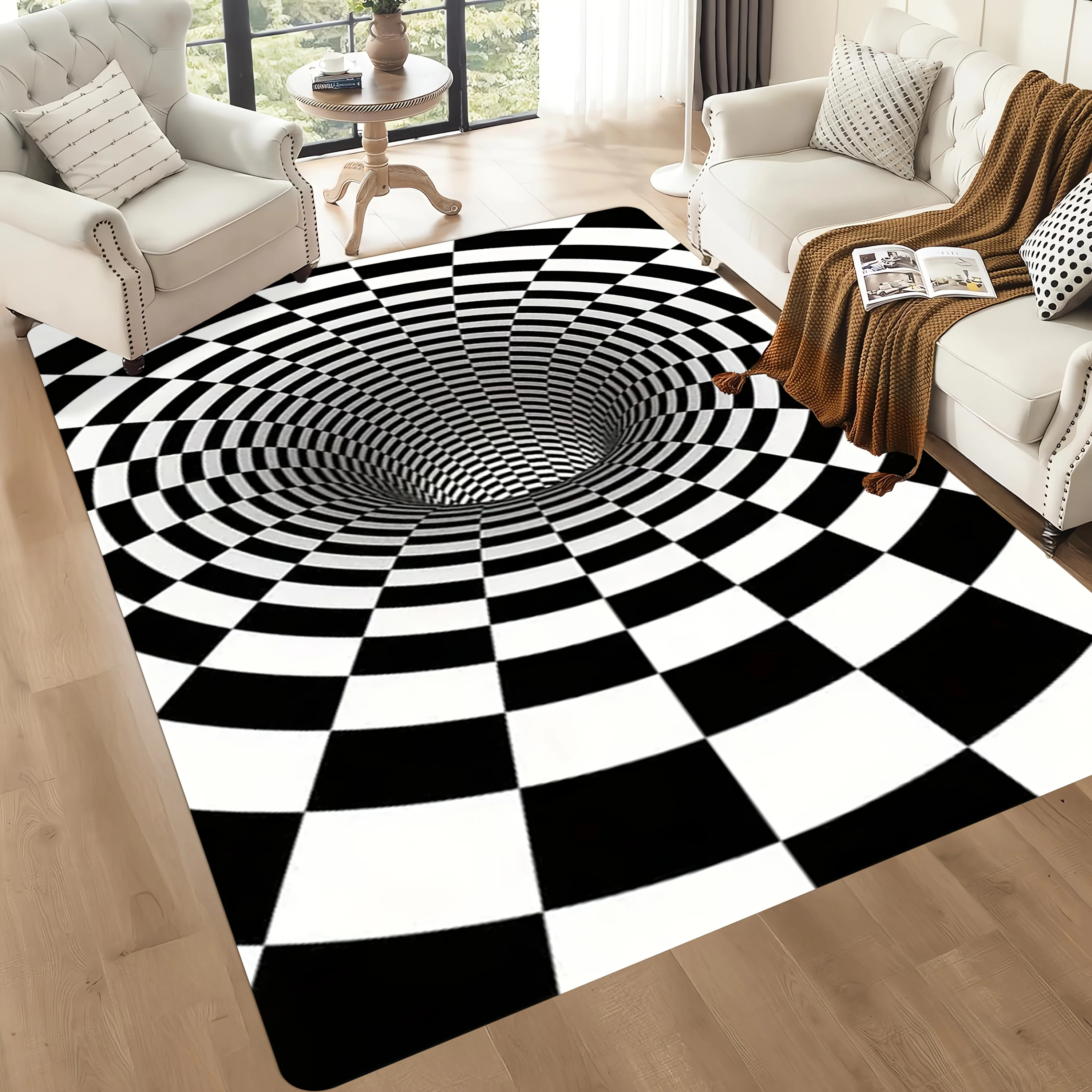 

Фланелевый ковер с оптическим иллюзионным принтом, черно-белый дизайн в клетку, мягкий флисовый напольный коврик, ковер для гостиной, современный декор в стиле арт