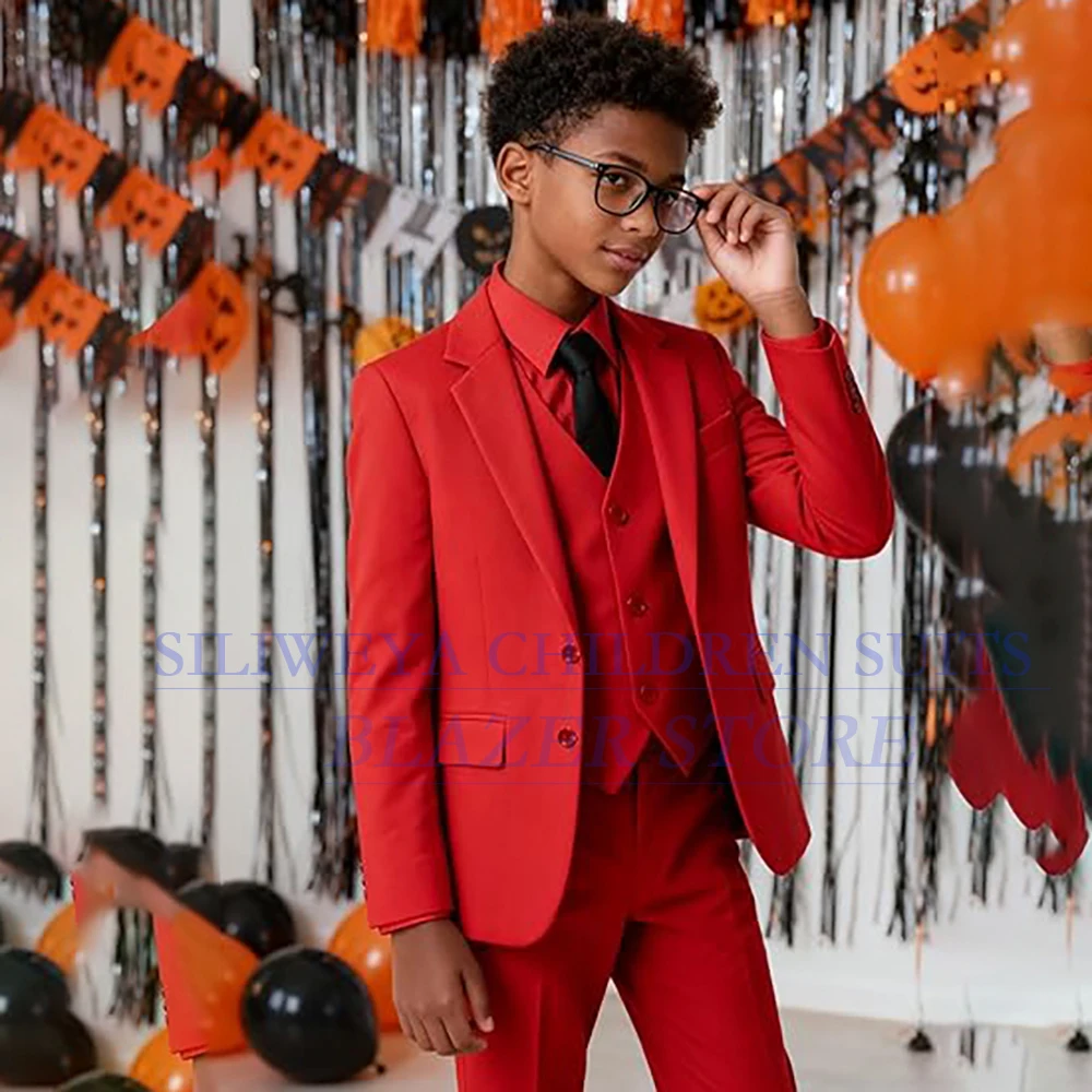 

Красные костюмы для мальчиков, роскошные свадебные однобортные однобортные детские костюмы с лацканами, элегантная детская одежда из трех предметов на заказ, куртка, брюки, жилет
