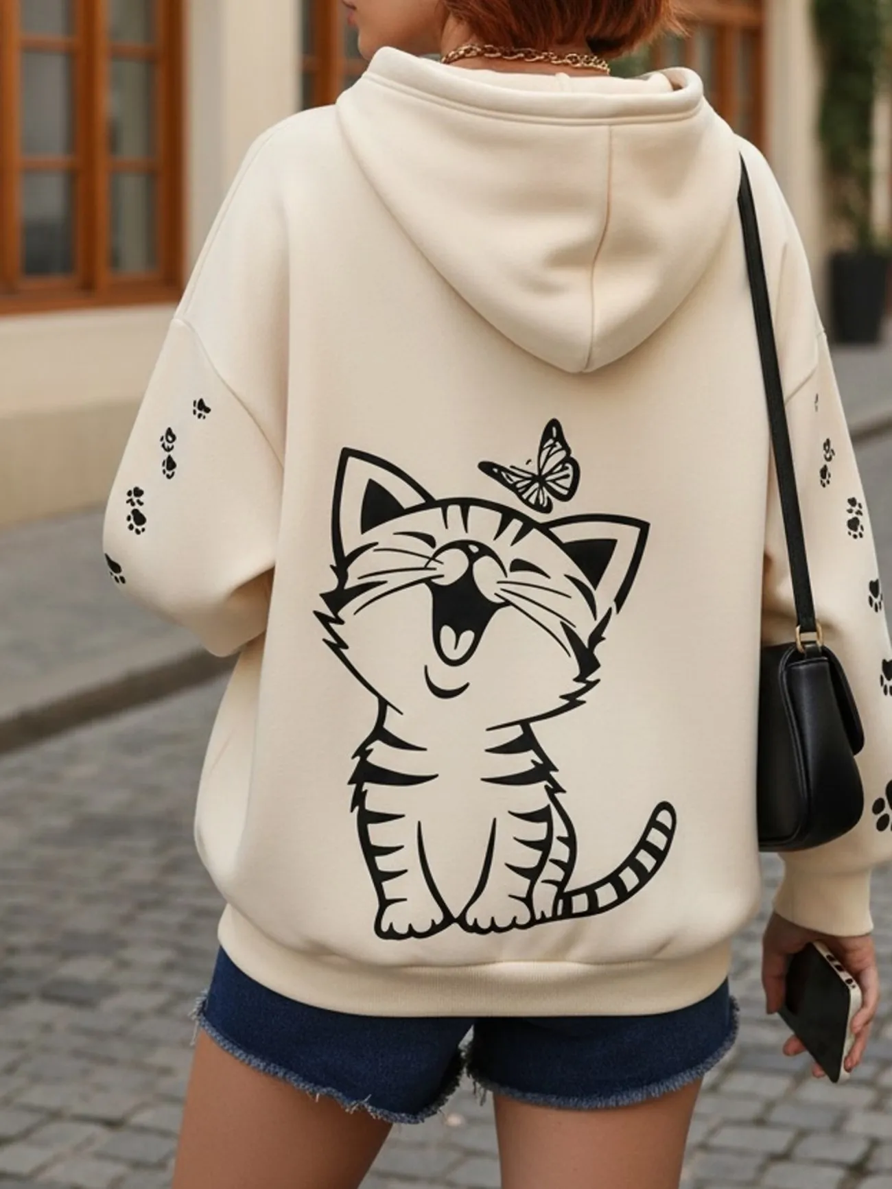 Kawaii Cat with Butterfly Print Hoodies 90s Autumn Winter Y2k Streetwear Casual Hoodies Harajuku Sweatshirts Tops Hoodie