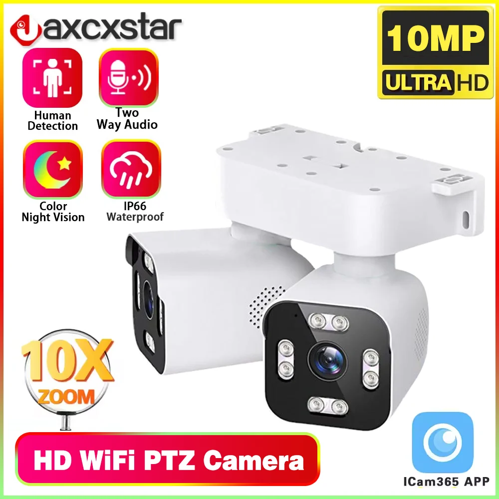 Cámara PTZ de 10MP 5K para exteriores, videocámara con Wifi, Zoom 10X, lente Dual, pantalla Dual, IA, seguimiento automático, vigilancia IP, protección de seguridad CCTV