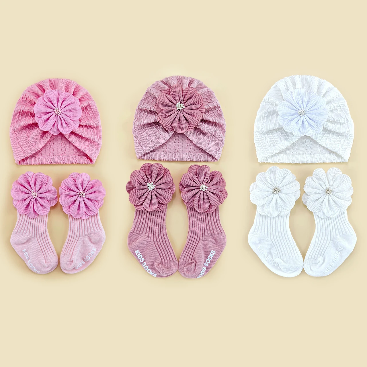 0-1Year Baby Turban Hat Sock Set Pink Flower Headscarf Cap Kids Headwear Newborn Photography Props Anti-Slip Floor Long Socks
