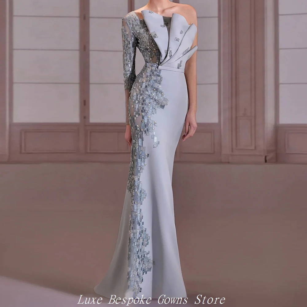 Women's Mermaid Evening Dresses Floor-length One-shoulder Full Sleeve Prom Dresses Fashion Sequined Draped Customized Gowns