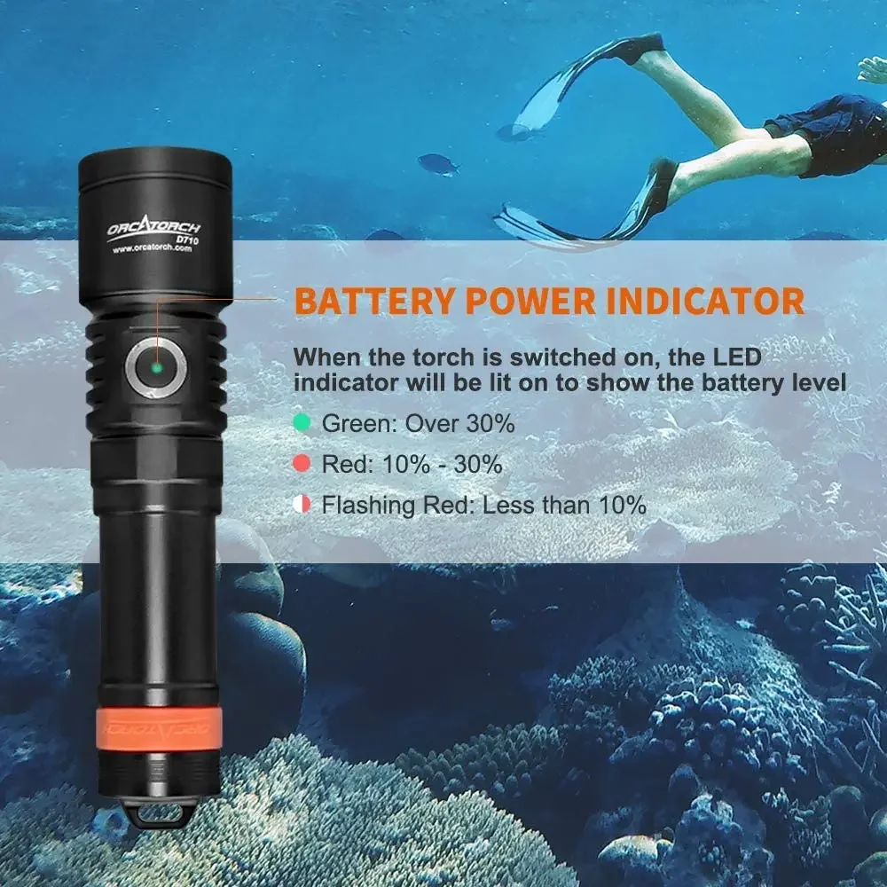 OrcaTorch D710 Scuba Diving Light 3000-Lumen Underwater Flashlight with 6 Degrees Narrow Beam 150M Waterproof Night Dive Torch