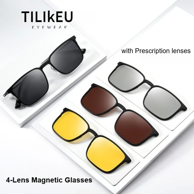 

New 4 in 1 Magnetic Reading Glasses for Men Ultra-Light Full Rim Retro Square with Multiple Lens Magnetic Sunglasses 8006TS