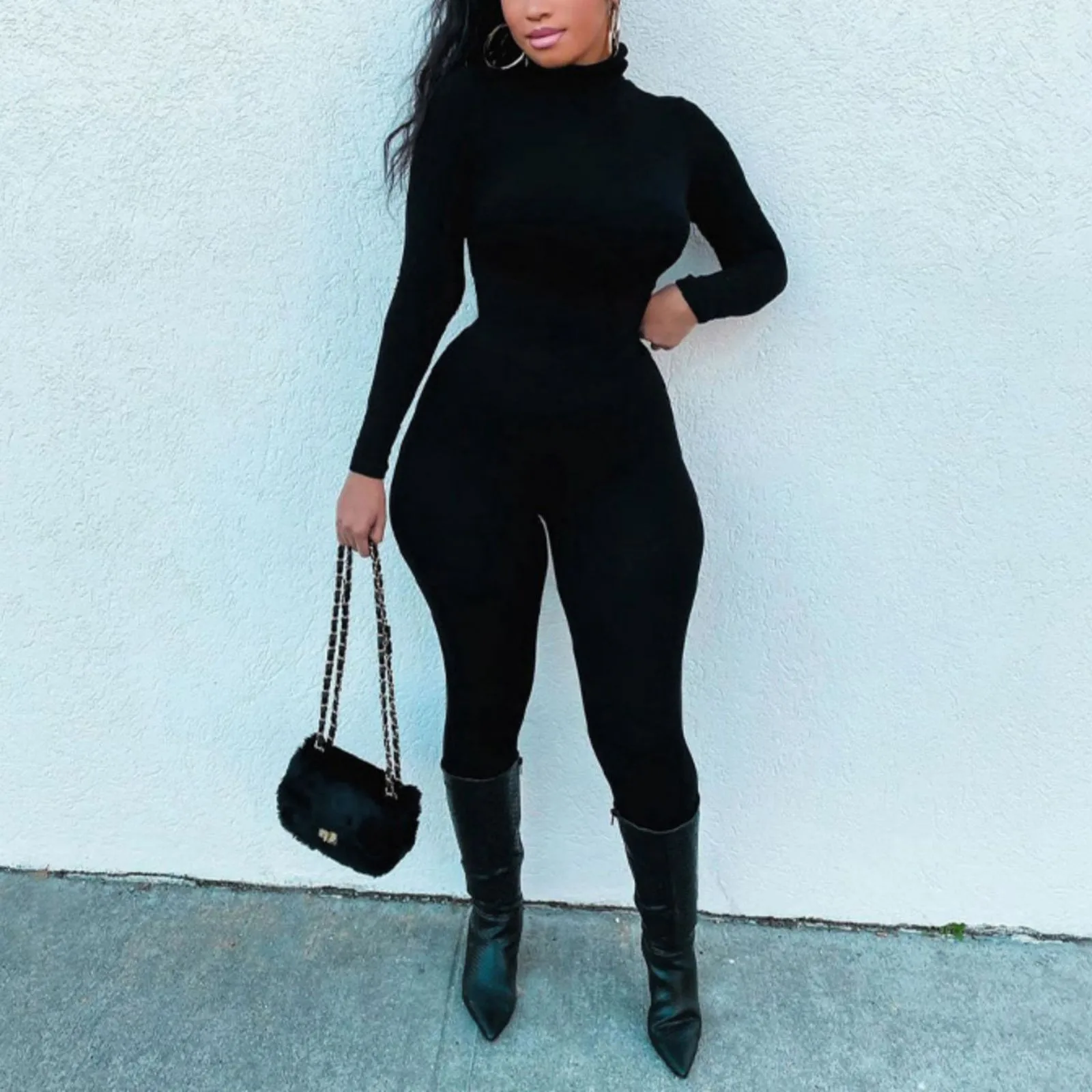 Black Turtleneck Romper Sexy Bodycon Jumpsuit Streetwear Autumn Winter One Piece Fitness Sports Bodysuits Velvet Yo-ga Onesie