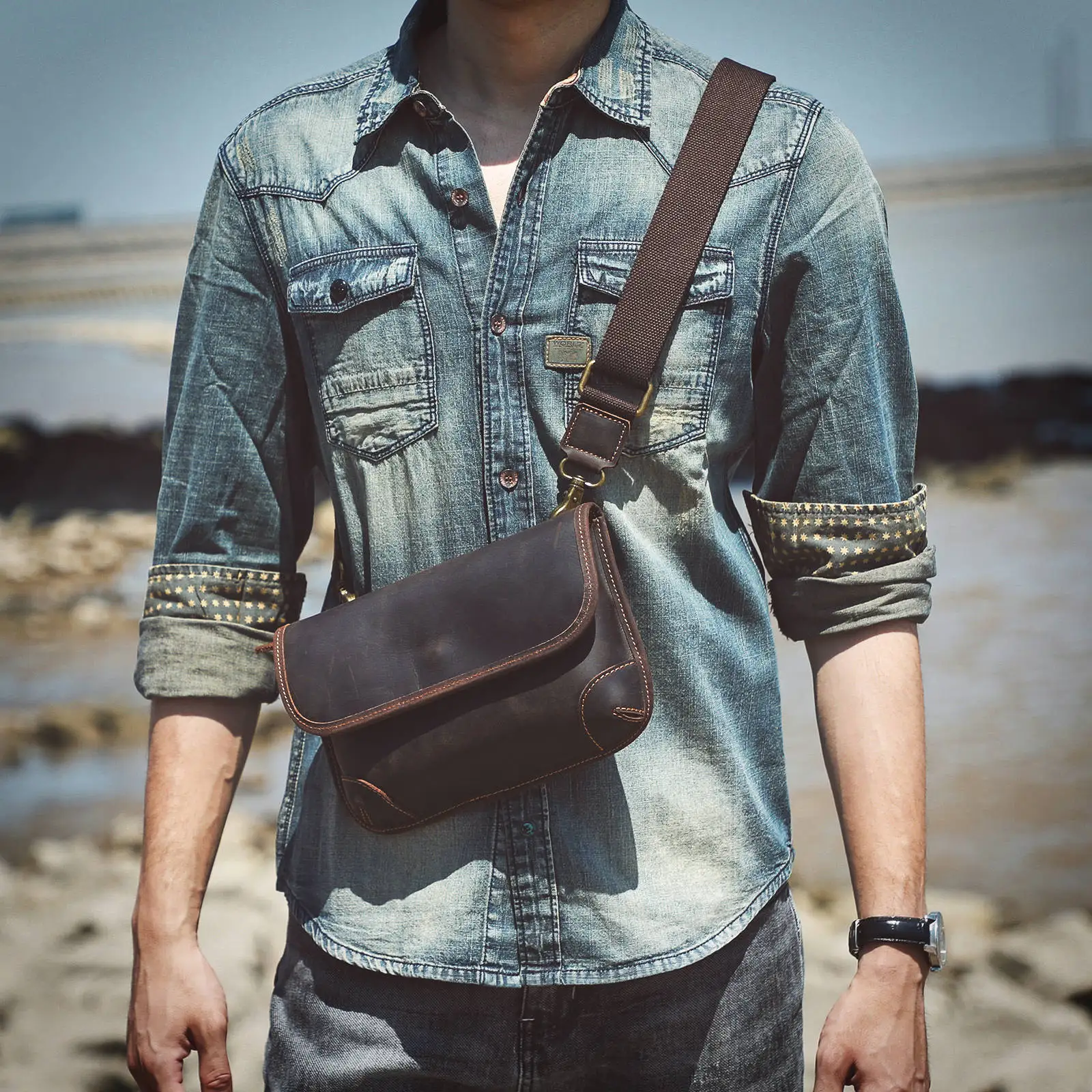S. Arbeiter Echt leder Herren Umhängetasche, Umhängetaschen einfache Mode Rindsleder Tasche, Crazy-Horse Leder lässig Vintage-Stil – Detail 4