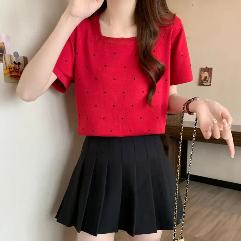 Women's 2024 Summer New Thin Fashionable Sweet Square Collar Polka Dot All-match Loose Silk Knitted Short Sleeve T-shirts Tops