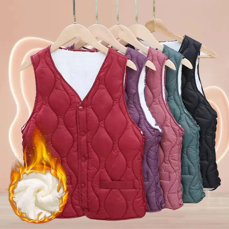 Winter Women Down CottonVest Lamb Plush Thickened New Light Thin Slim Fit Short Warm LargeTankCasual SleevelessV-neck Vest