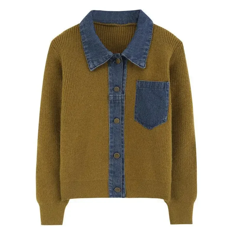 

design autumn and winter collar splicing denim knitted cardigan sweater women's loose and slimming fashion jacket