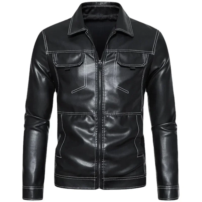 

2025 Spring and Autumn New Men's Lapel Motorcycle Leather Coat Slim Fit Fashion Casual Jacket Men's mens jacket