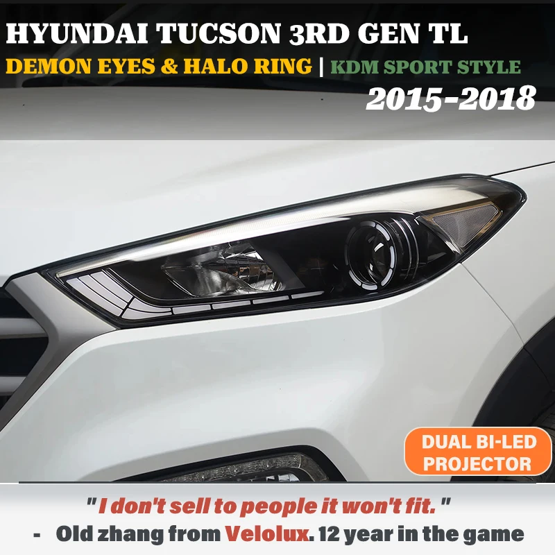 For Hyundai Tucson 3rd Gen 2015-2018 LED Headlights Assembly w/ Dual BI-LED Projector White Angel Eyes Sequential Plug & Play