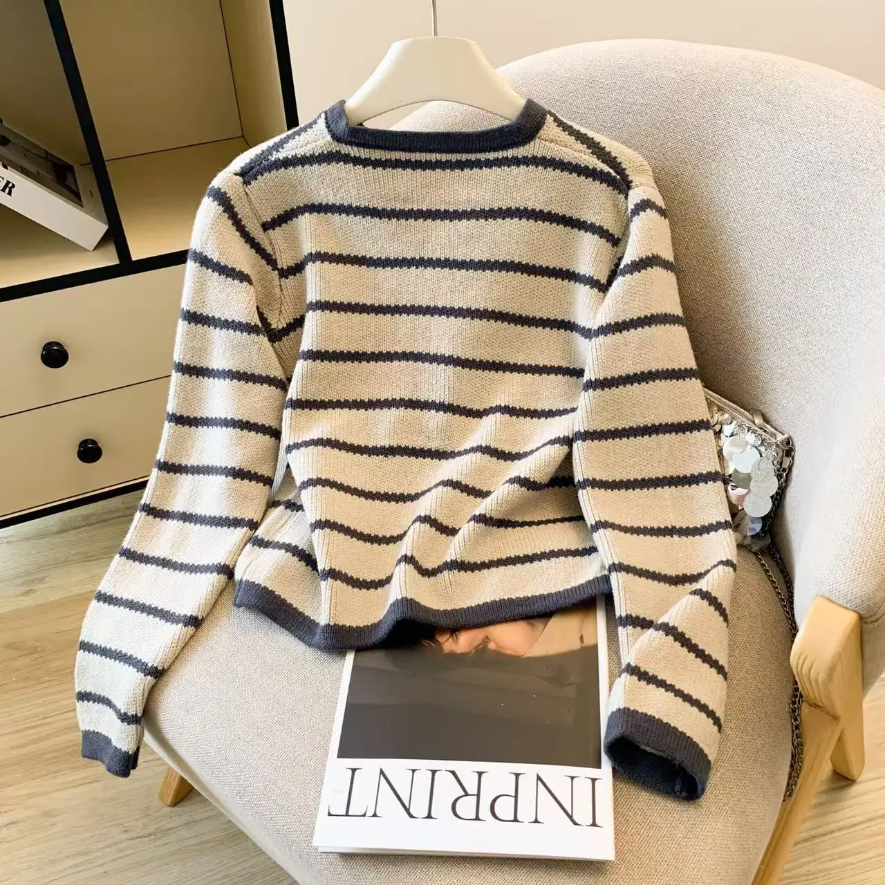 Women's Striped O-Neck Cardigan Sweater Vintage 2000s Y2k Cropped Knitwear Long Sleeves Cashmere Sweater Autumn Shoujo Clothes