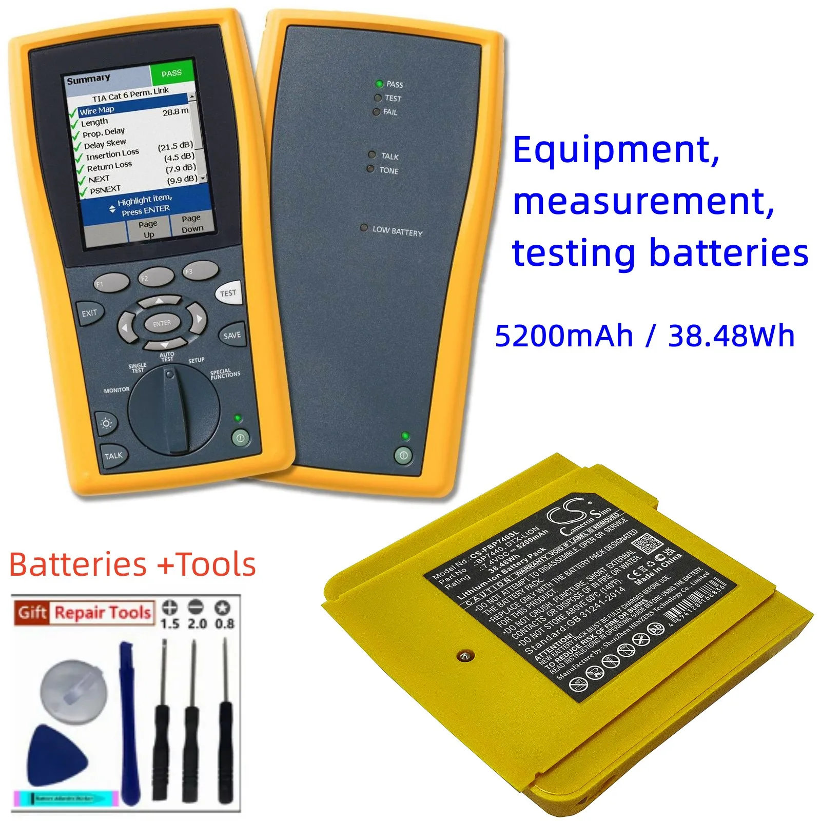 CS Equipment, Survey, Test Battery For Fluke BP7440 DTX-LION DTX-1200-MS DTX-1800-MS Capacity 5200mAh/38.48Wh Volts 7.4  +Tools