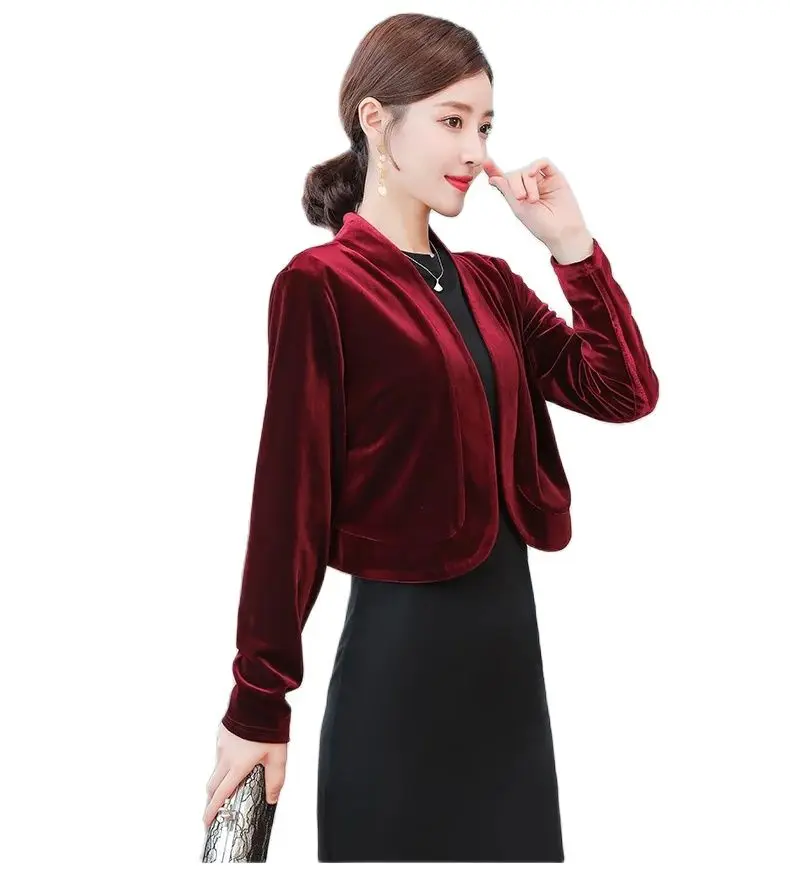 Shrugs For Womens Black Purple Ladies Cropped Velvet Long Sleeve Party Bolero Wedding Jacket Cardigan Outwear Top Cover Up Coat