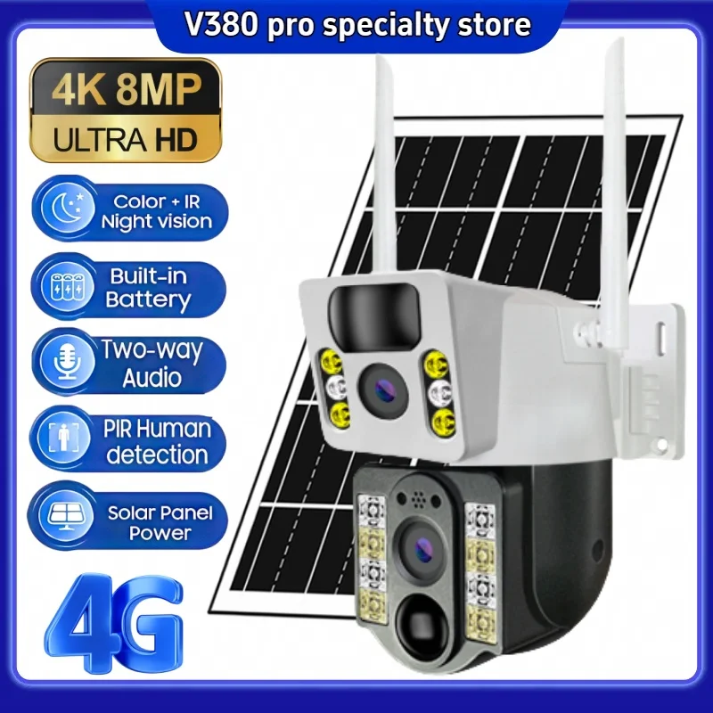 

V380Pro двойной объектив 4G солнечная камера PTZ обнаружение движения ночное видение уличная беспроводная видеокамера безопасности IP-монитор 8MP CCTV