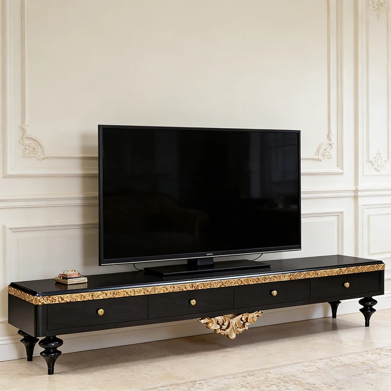 !@Inspired Design Ebony and Burl Wood Veneer Living Room Long TV Cabinet Gold Foil Hand Carved Solid Wood Luxury Black TV Stand