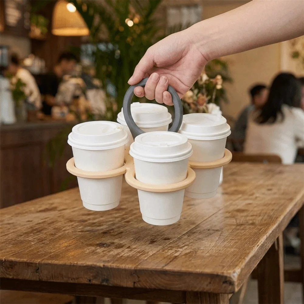Plastic Butterfly Shape Drink Carrier Folding Reusable Folding Cup Holder with Handle Anti Scalding 4-cup Coffee Carrier