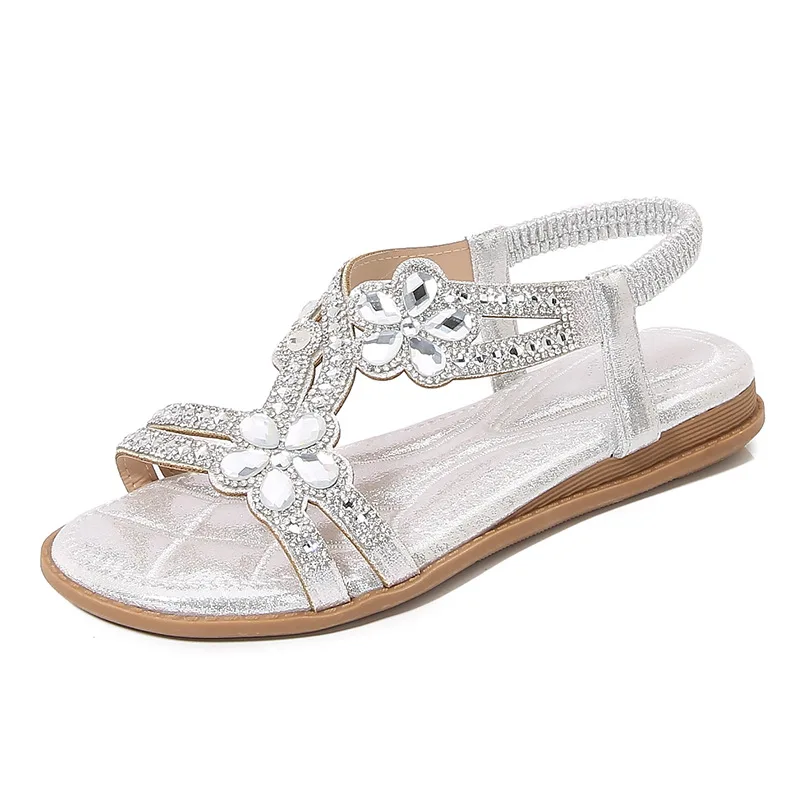 Women Flat Rhinestone Sandals Bohemian Sandals Summer New Non Slip BeachElastic Low Heels Roman Sandals