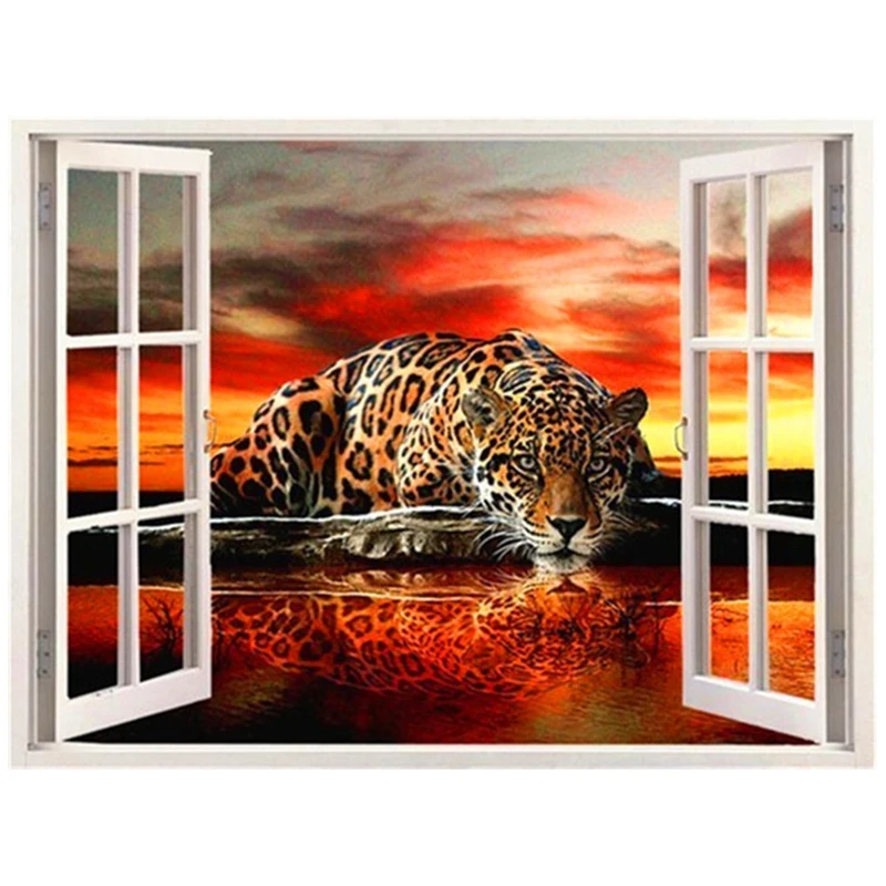 

Full Round Diamond Painting "The Leopard Outside The Window" Rhinestones Diamond Embroidery Sale Home Decor