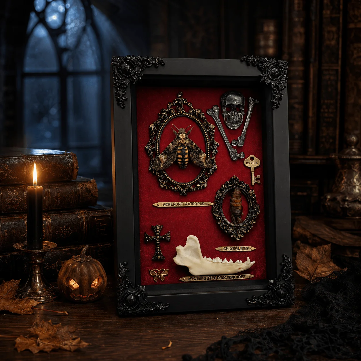 Gothic Halloween Wall Decor, Death’s Head Moth Framed Oddity Display, Victorian Curiosity Cabinet Shadow Bo