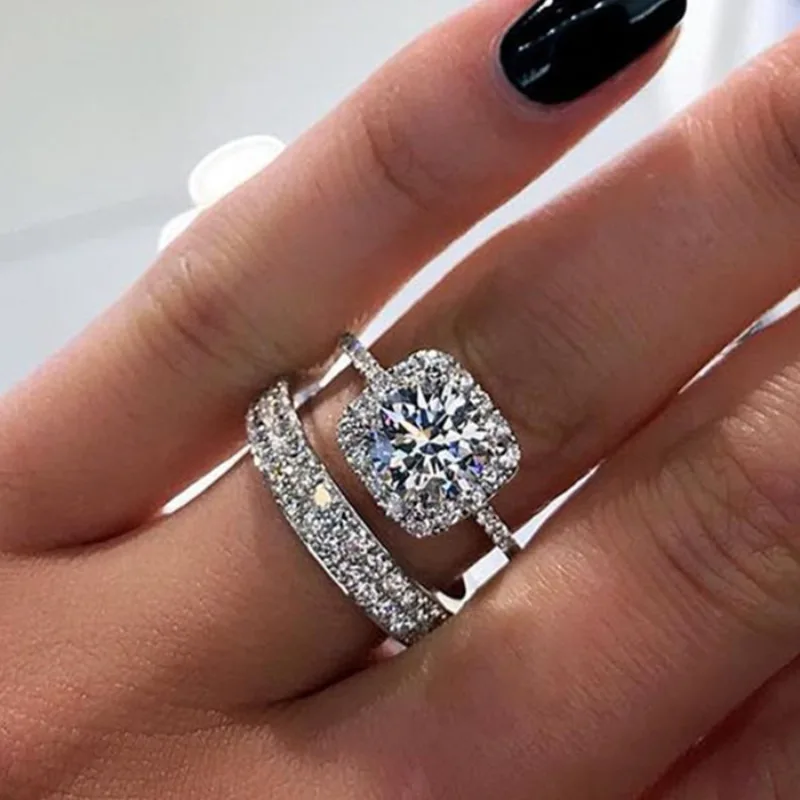 Women's Double Ring with Micro-Inlaid Zircon, Luxury Design