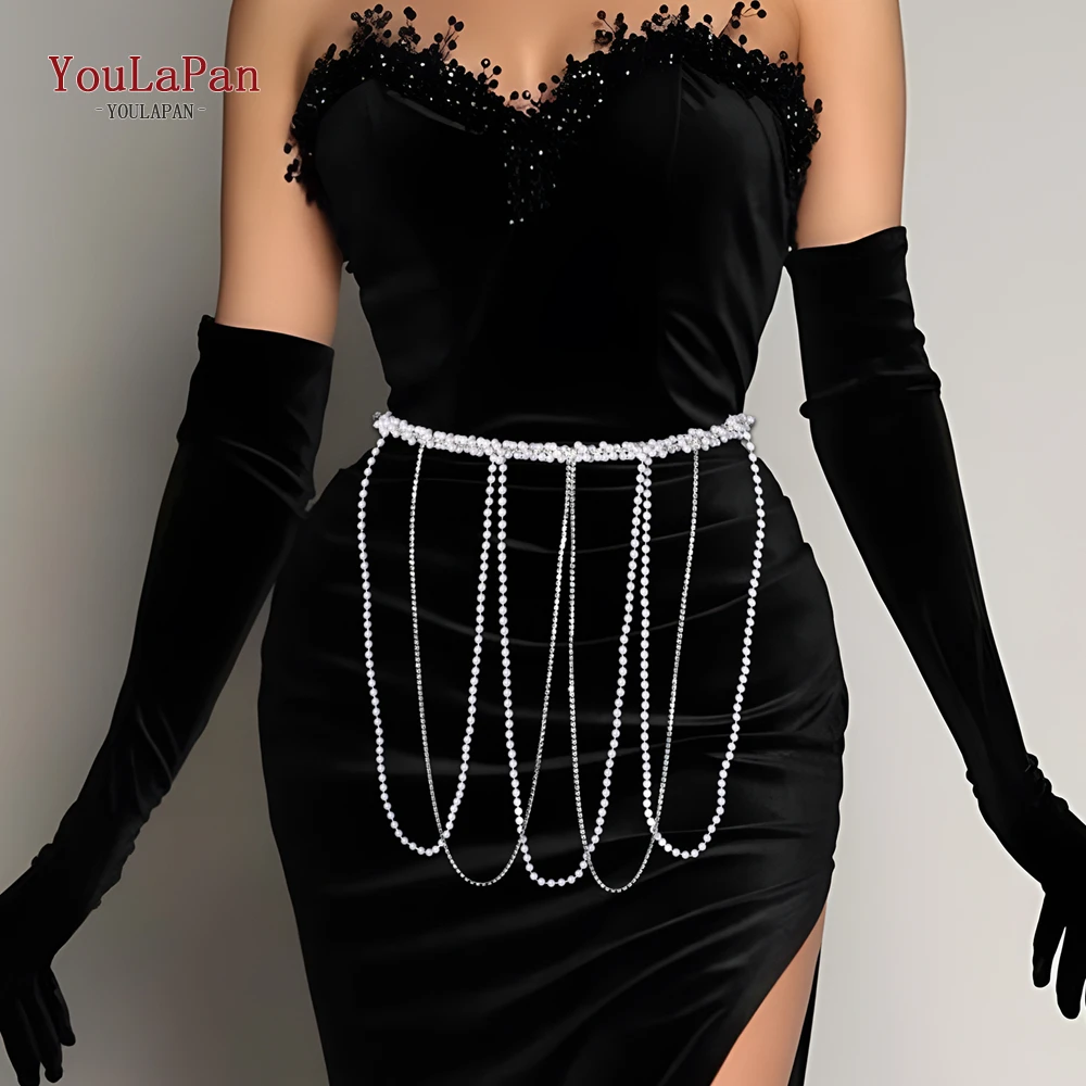 YouLaPan Bride Pearl Tassel Waist Accessories Women Rhinestone Multi Layers Waist Chain Silver Color Metal Waist Jewelry SH800