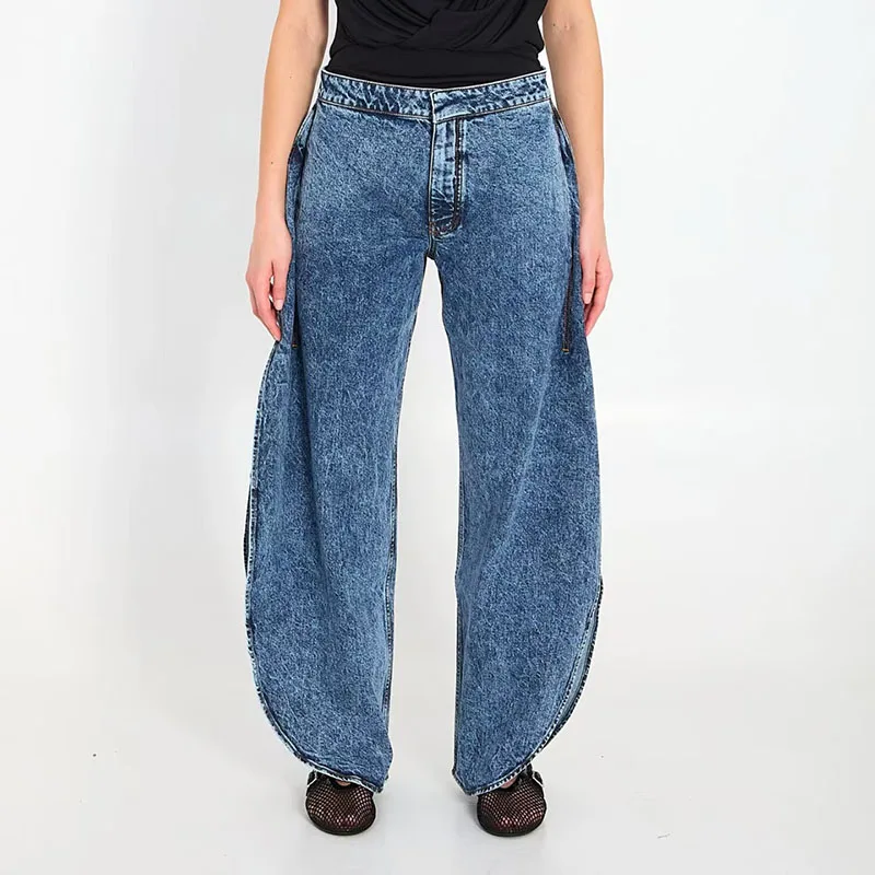 2026 Spring New Arrival Women's Snowflake Petal Hem Jeans Curved Leg Casual Versatile Low-Rise Wide-Leg Pants Y2K Style Trousers