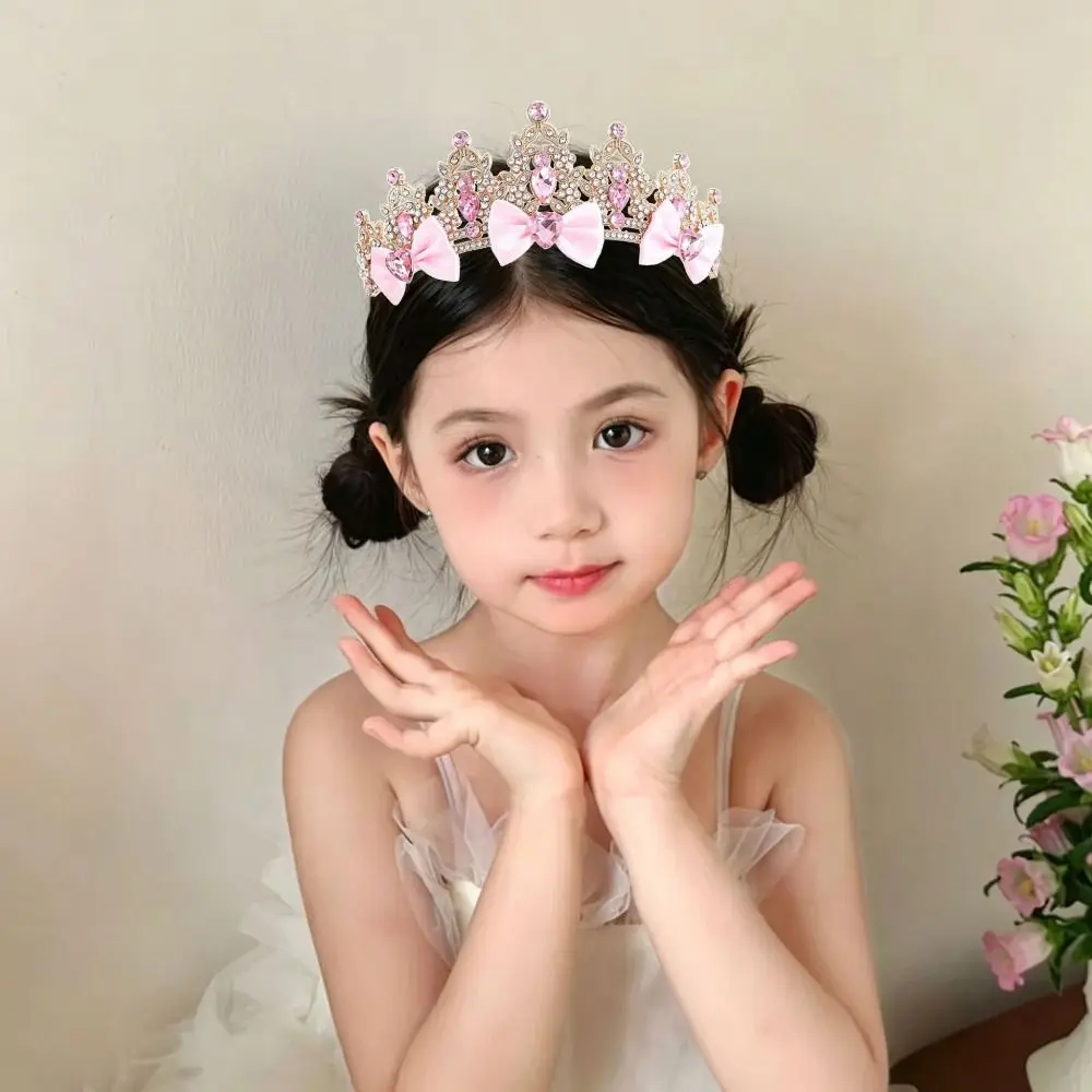 Lightweight Bowknot Princess Crown Headwear Rhinestone Alloy Girls Hair Accessory Cute Elegant Girls Headpiece Birthday Party
