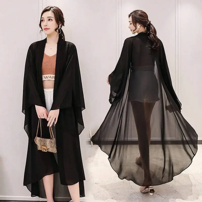 2024 Women Summer Long Sleeve Cardigan Beach Long Shawl Korean Fashion Black Chiffon Jacket Long Cardigan Oversized Coat A219