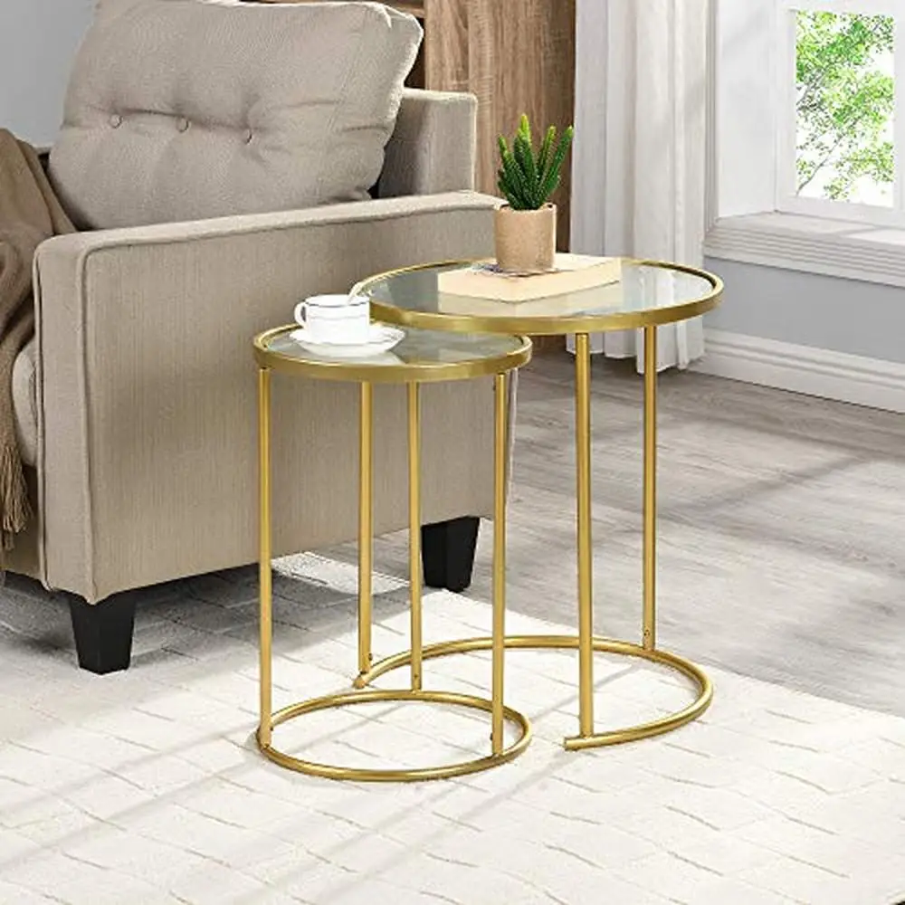 

American Crafted Metal Gold Nesting End Table Set Modern and Glam Accent Furniture 2 Piece Glass Top Round Tables Elegant Home