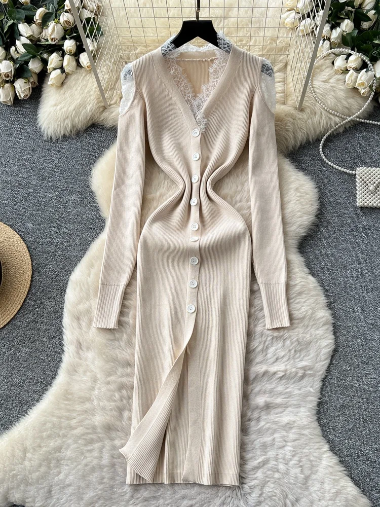 

Сексуальное кружевное платье с v-образным вырезом для похудения, трикотажное платье трапециевидной формы с высокой талией, летнее женское модное платье на одной пуговице Dr