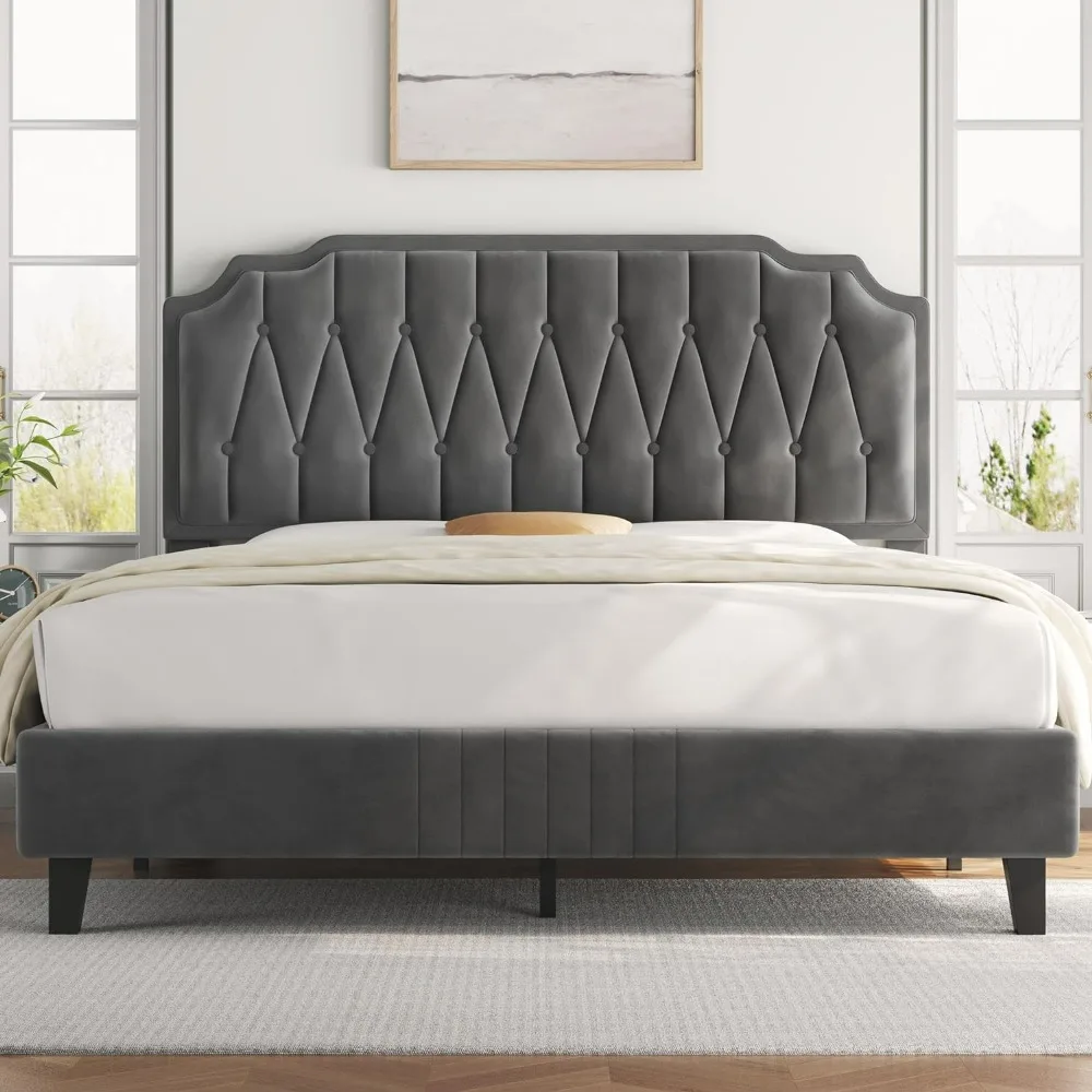 Queen Bed Frame Velvet Upholstered Platform Bed with Curved Headboard Height-Adjustable Headboard Dark Gray full bed frame