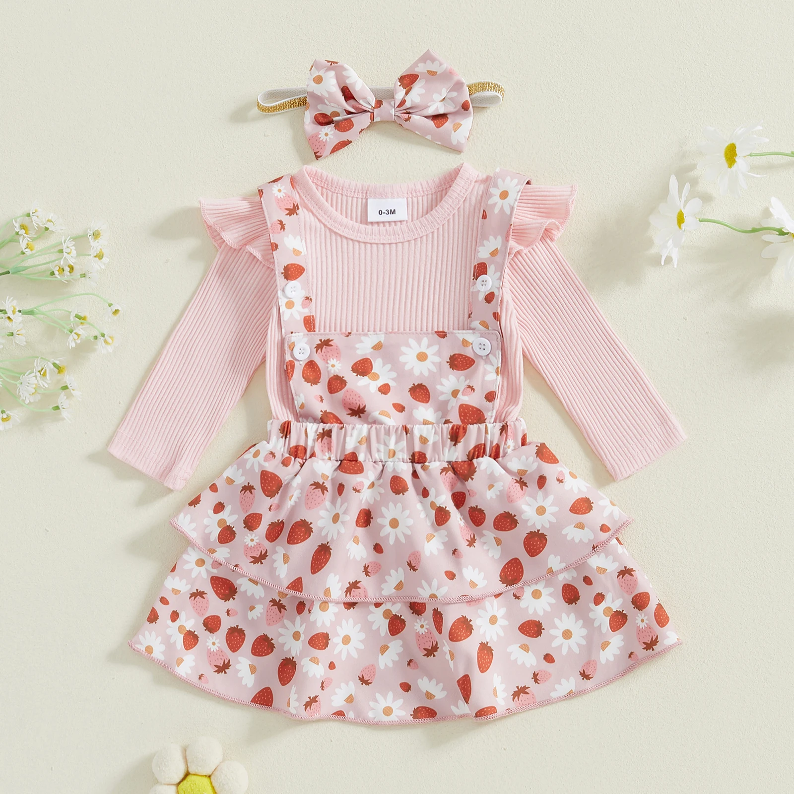 BeQeuewll 3PCS Baby Girls Clothes Autumn Spring Newborn Outfits Ruffle Long Sleeve Romper Flower Suspender Skirt Headband Set